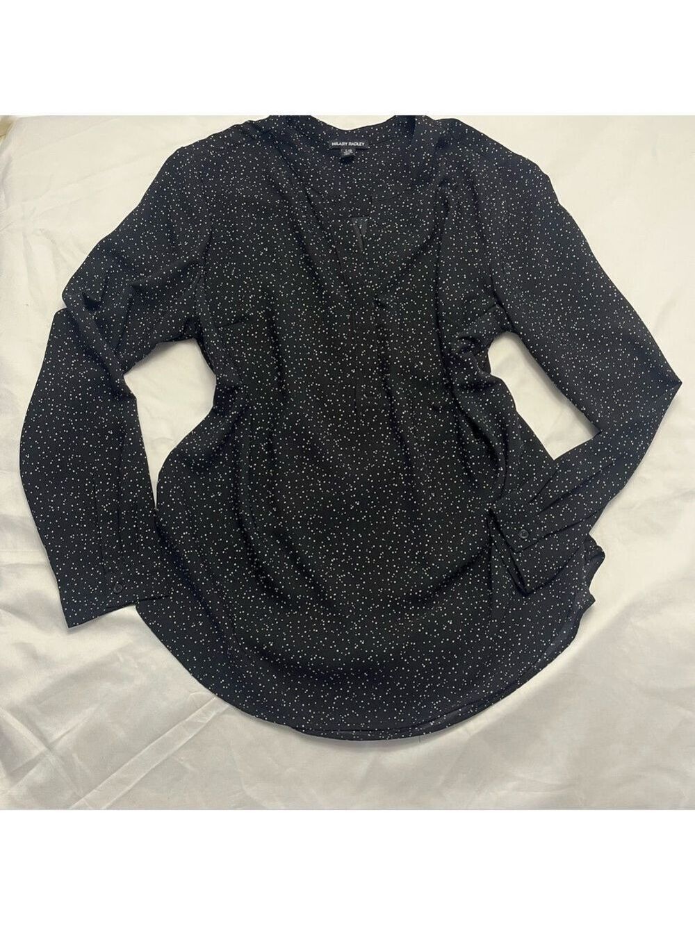 Hilary Radley Polka Dot V-Neck Blouse Black Large